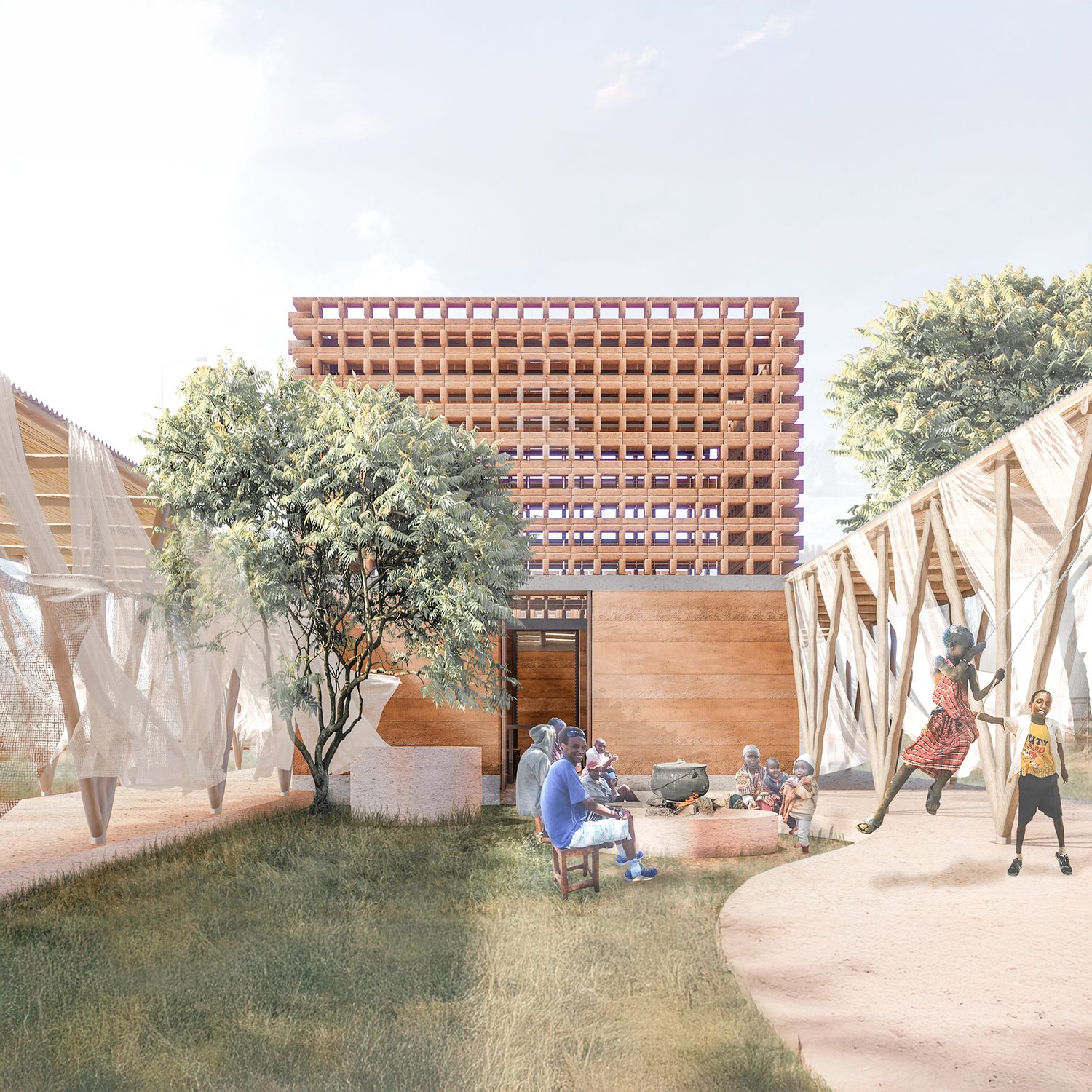 Patio principal: espacio de vida comunitaria, sombra y fuego.