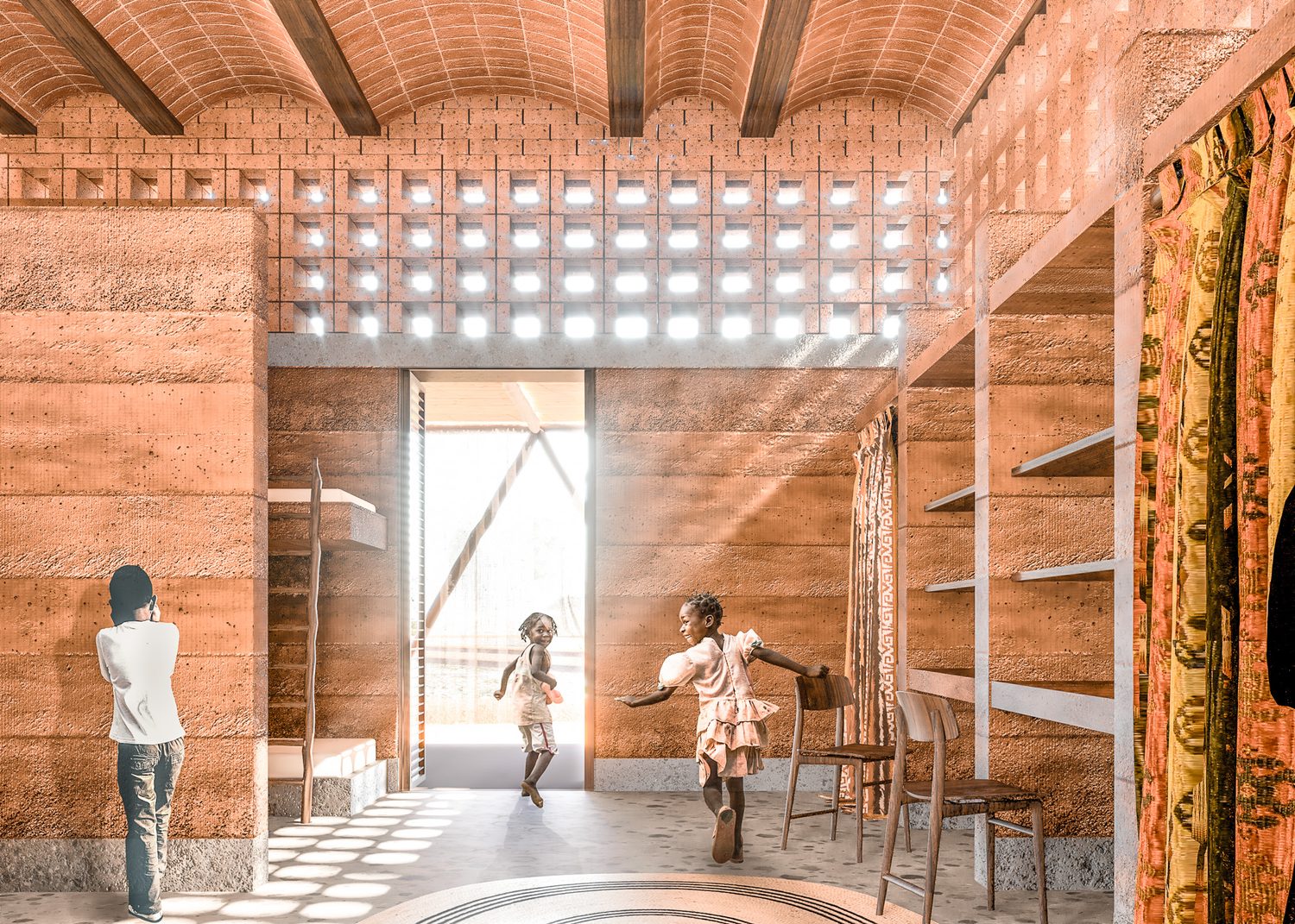 Interior de uno de los módulos: bóveda de ladrillo, tierra y textil local.