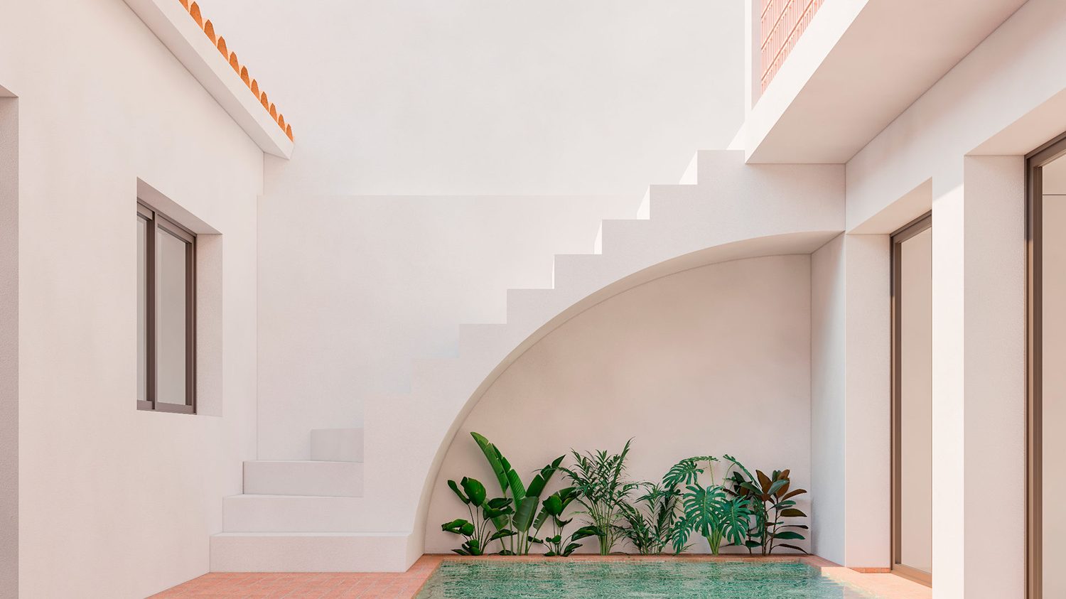 Casa Ardilla, Málaga 2024. Patio interior con escalera curva, tejas tradicionales y piscina revestida en cerámica verde.
