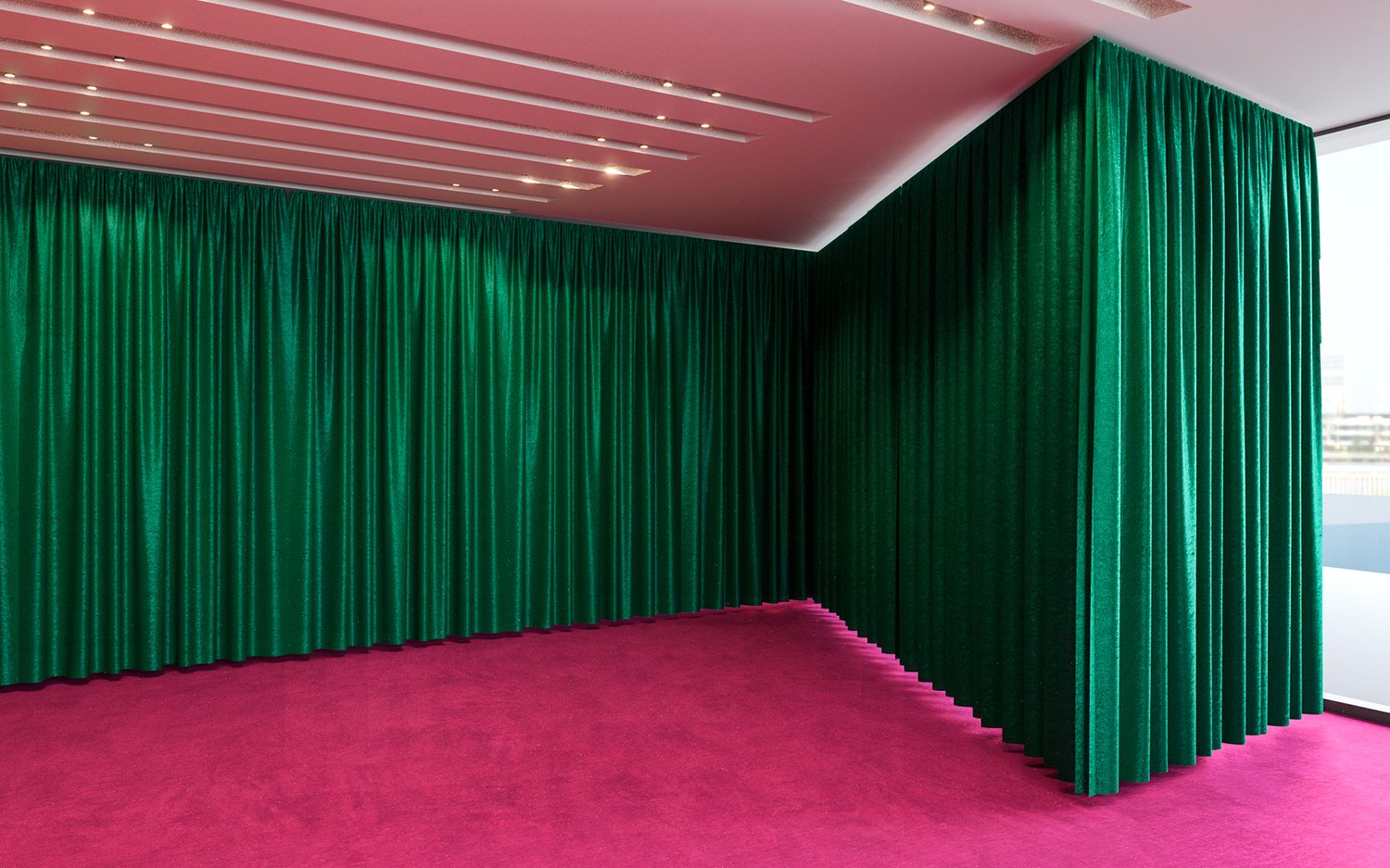 Sala de moqueta en rosa y verde velvet.