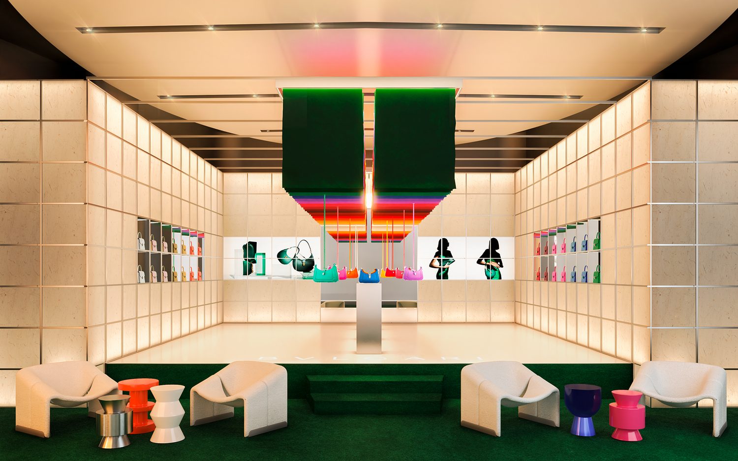 Vestíbulo con pantalla de ladrillos de vidrio translúcido.