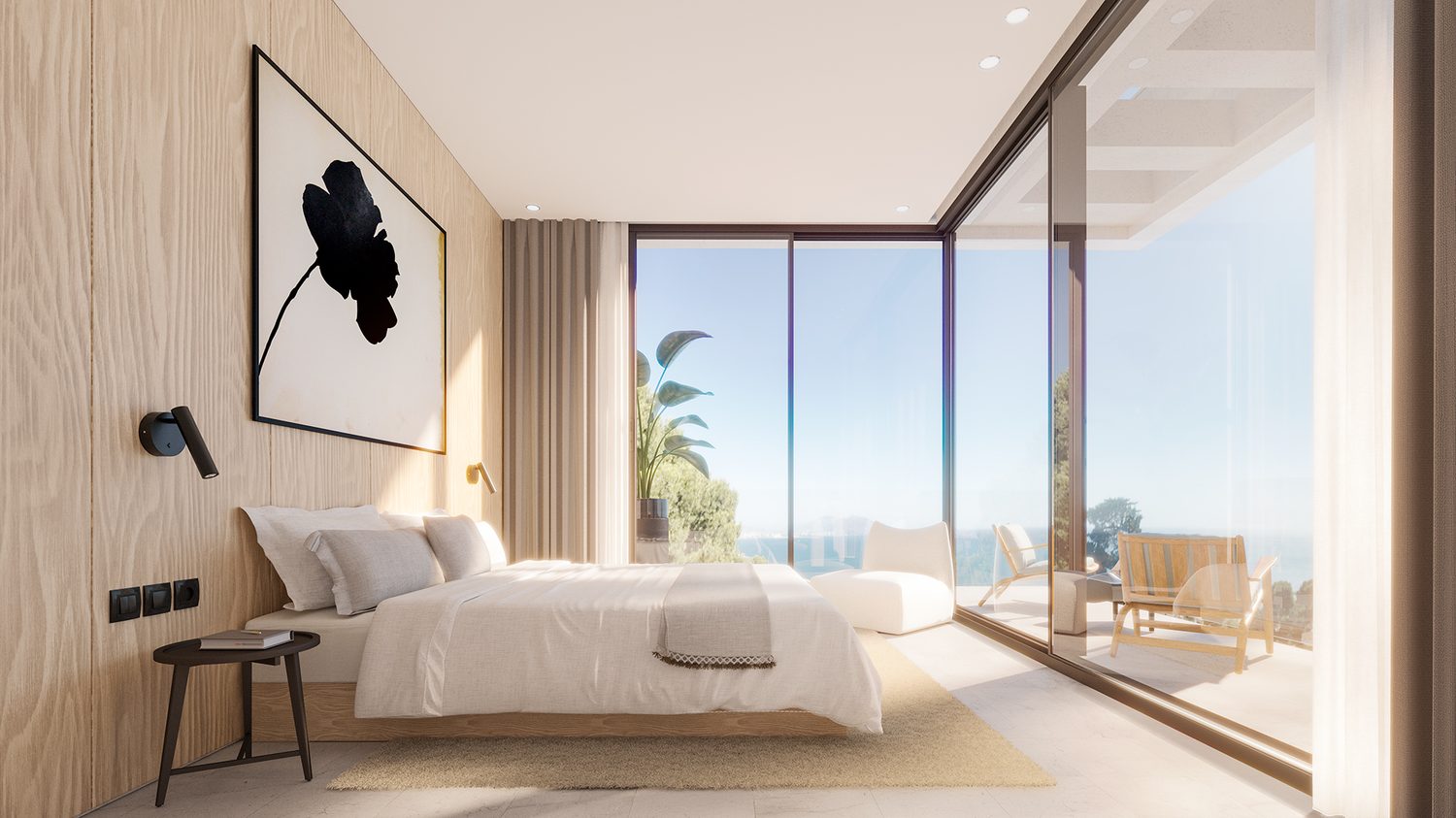 Dormitorio principal, chapado en fresno blanqueado.